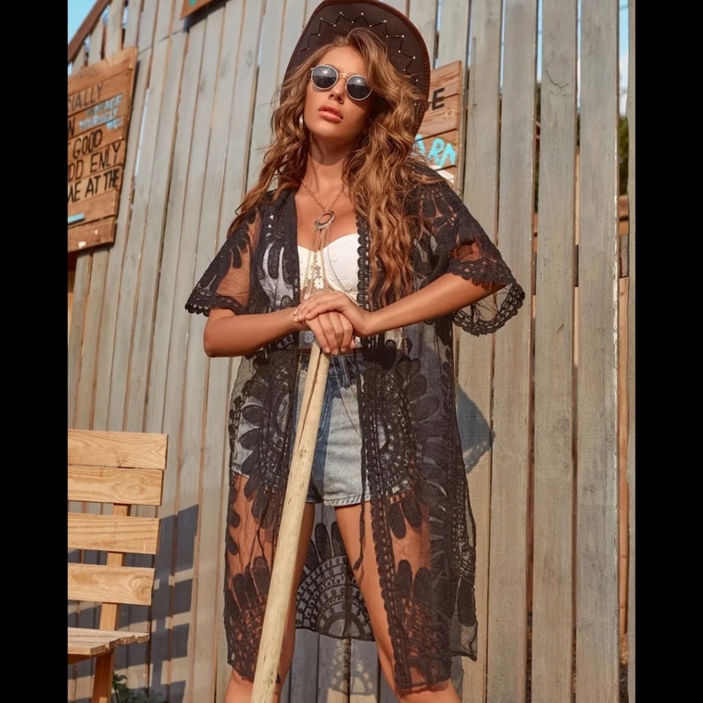 393.Bohemian Embroidered Lace Oversized Kimono Cardigan In One Size - Picture 4 of 4